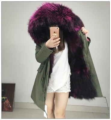 color 11 Комплект из модных женских армейский зеленый воротник из меха енота, куртка-парка с капюшоном, верхняя одежда со съемным опушка из лисьего меха, зимняя длинная куртка - Цвет: color 11