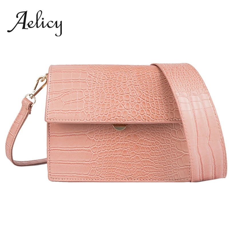 

Aelicy Crocodile Pattern Leather Handbags Women's Vintage Embossed Small Square Wide Shoulder Strap Shoulder Messenger Bag