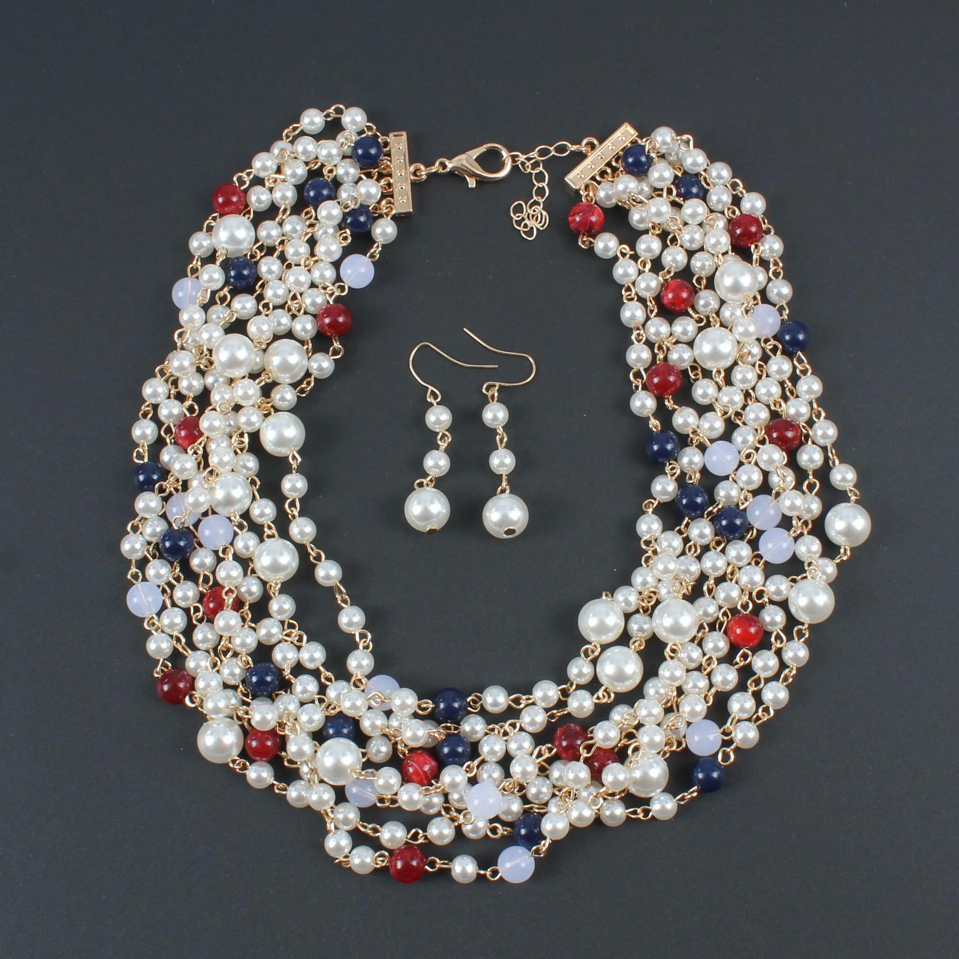 

2018 New Bohemian Geometric Multi Layer Handmade Pearl Jewelry Sets Boho Gold Beads Strand Necklace Earrings Women Accessories