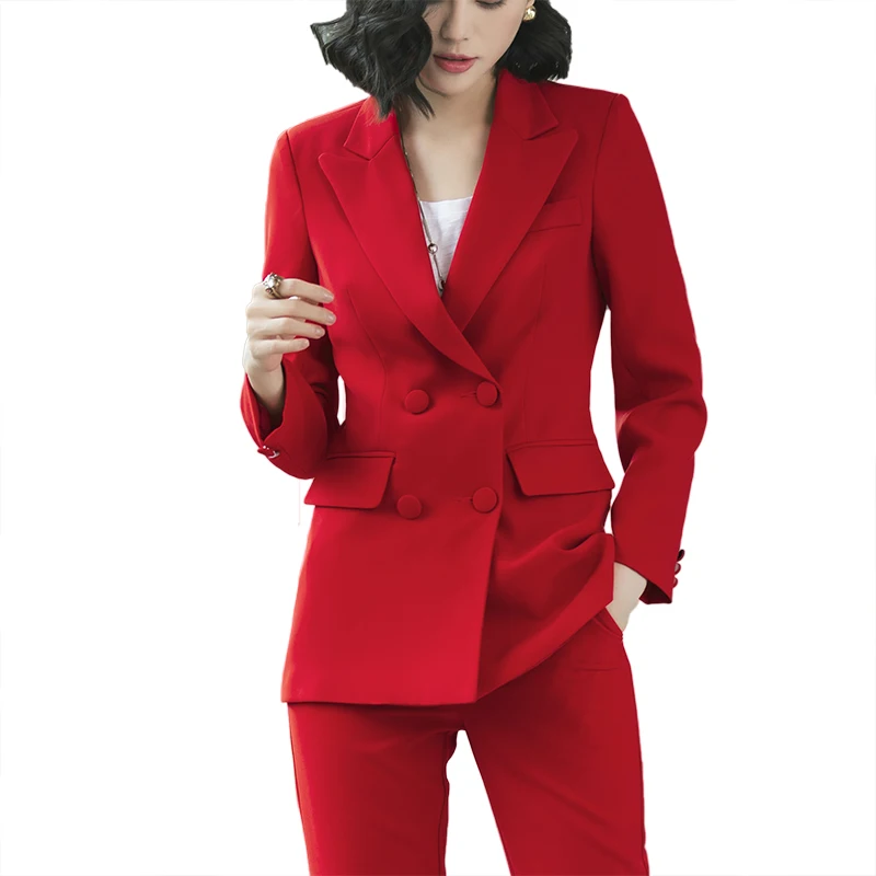 

Women's double-breasted long-sleeved suit suit solid color suit trousers fashion casual wild white collar tooling AL526