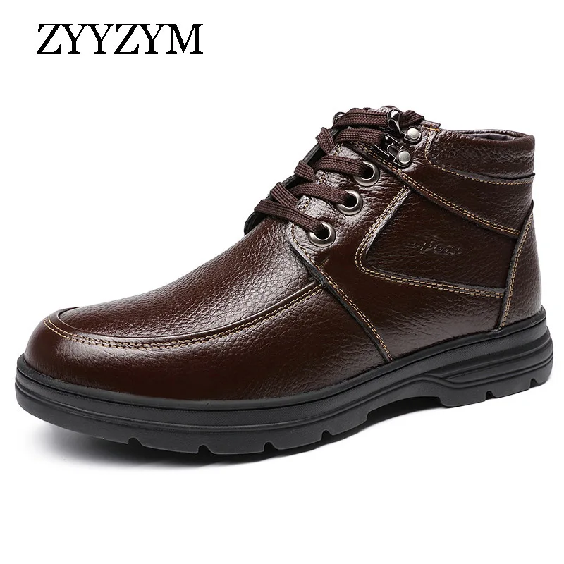 

ZYYZYM Men Snow Boots Winter Lace Up Style Cow Leather Shoes Ankle Plush Keep Warm Male Cotton Shoes high Quality