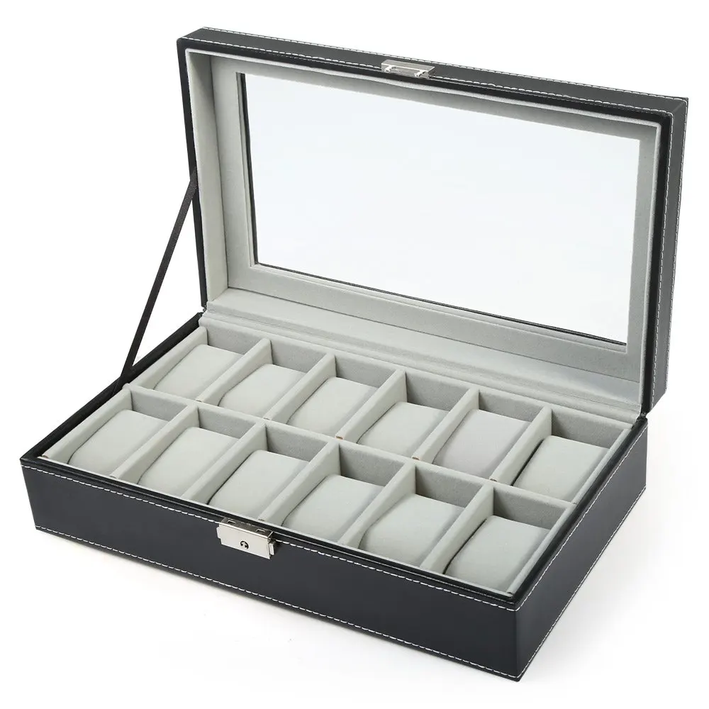 

2017 Watch Case Box Black leather 12 Grid Professional Wrist Watch Display Box Jewelry Storage Holder Organizer Case Top Quality