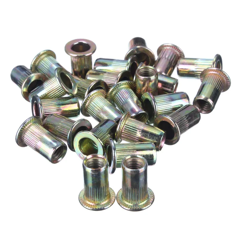 

MTGATHER Threaded Carbon Steel Rivet Nut Rivnut Inserts M4. M5. M6. M8. 100 Mixed Pack Large Flange Knurled Body