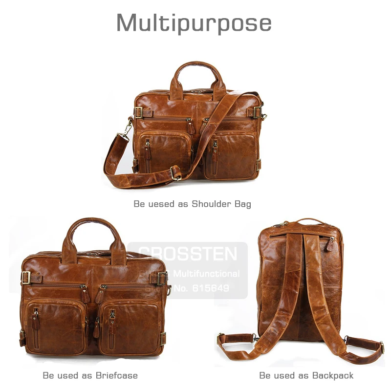 Crossten Multifunctional Natural Cowskin Genuine Leather Men's Briefcase Large Capacity Business bag Laptop Messenger Bag