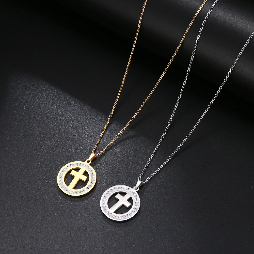 Cacana Stainless Steel Crystal Round Pendants Necklace Women Jewelry Cross Trendy Necklaces Donot Fade Valentine`s Day Gift (1)