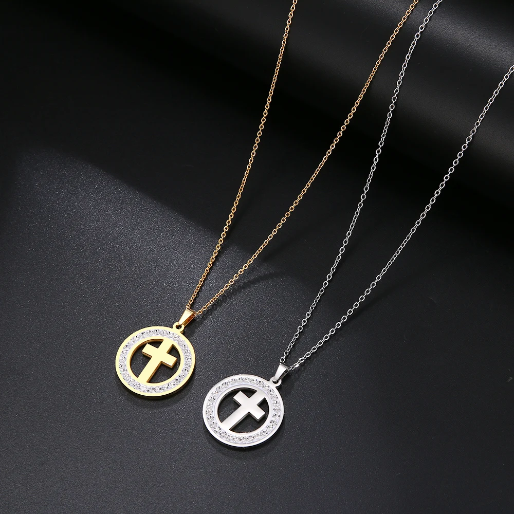 Cacana Stainless Steel Crystal Round Pendants Necklace Women Jewelry Cross Trendy Necklaces Donot Fade Valentine's Day Gift (1)