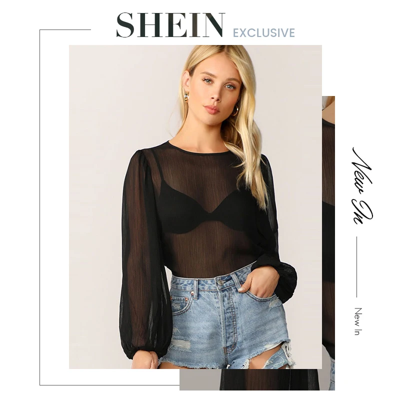 SHEIN, сексуальные женские топы с рукавом-фонариком, без бюстгальтера, черные, круглый вырез, длинный рукав, летняя блузка, Женские топы и блузки