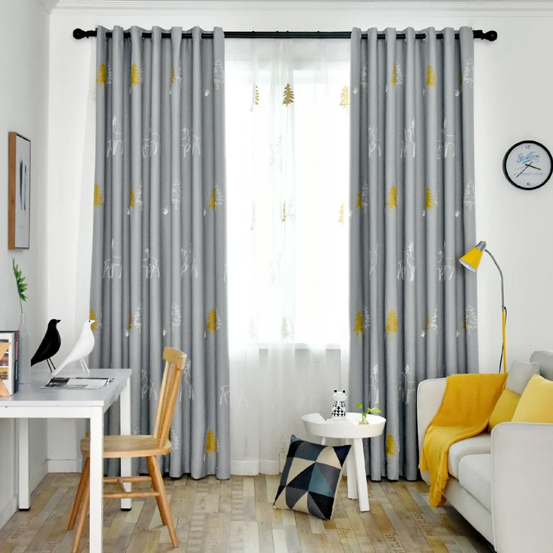 Grey Cartoon Charm Smile Face Embroidered Curtains for Kids Room Children Boys Nursery Simple Modern French Window Drapes 30