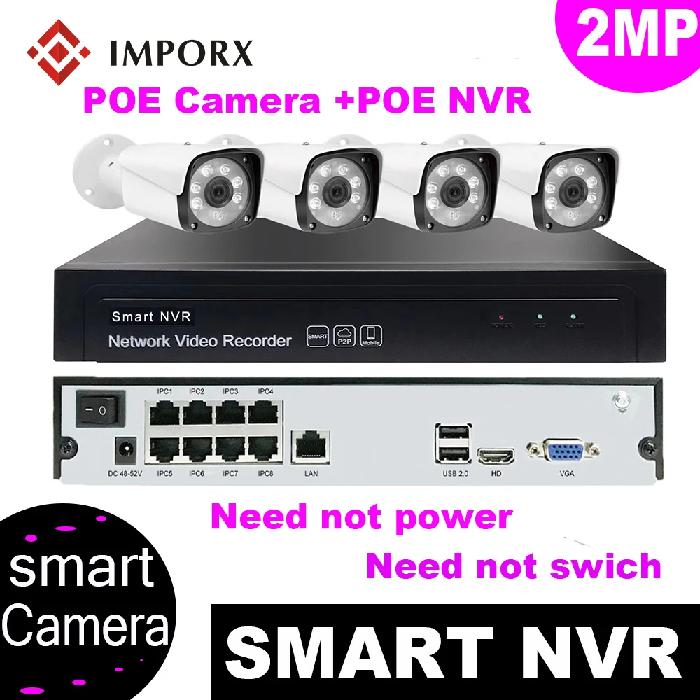IMPORX 8CH POE NVR комплект Full HD 1080P 4 шт. ip камера видеонаблюдения H.265 ночное видение