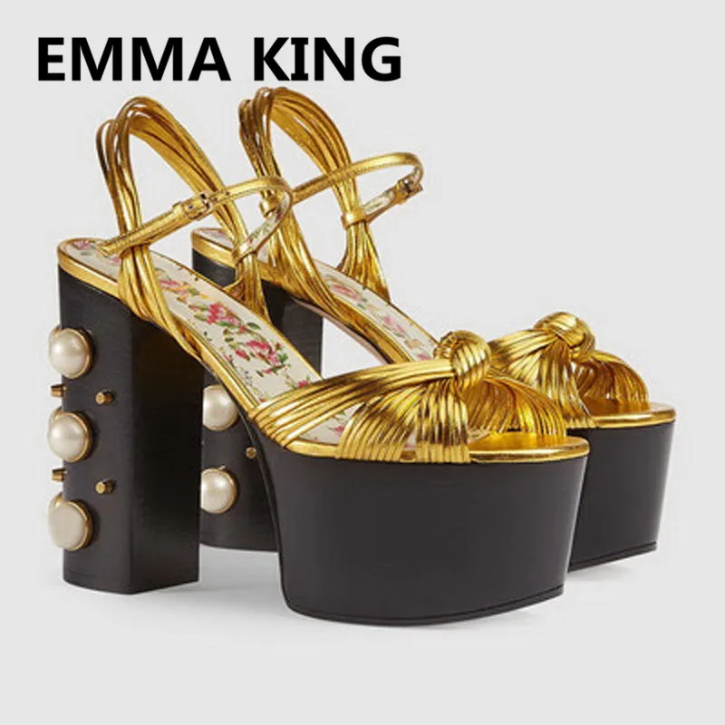 

New Pearls Studded Heel Women Platform Sandals Open Toe Ankle Strap Ladies Summer Runway Shoes Woman Bow-Knot Chunky High Heels
