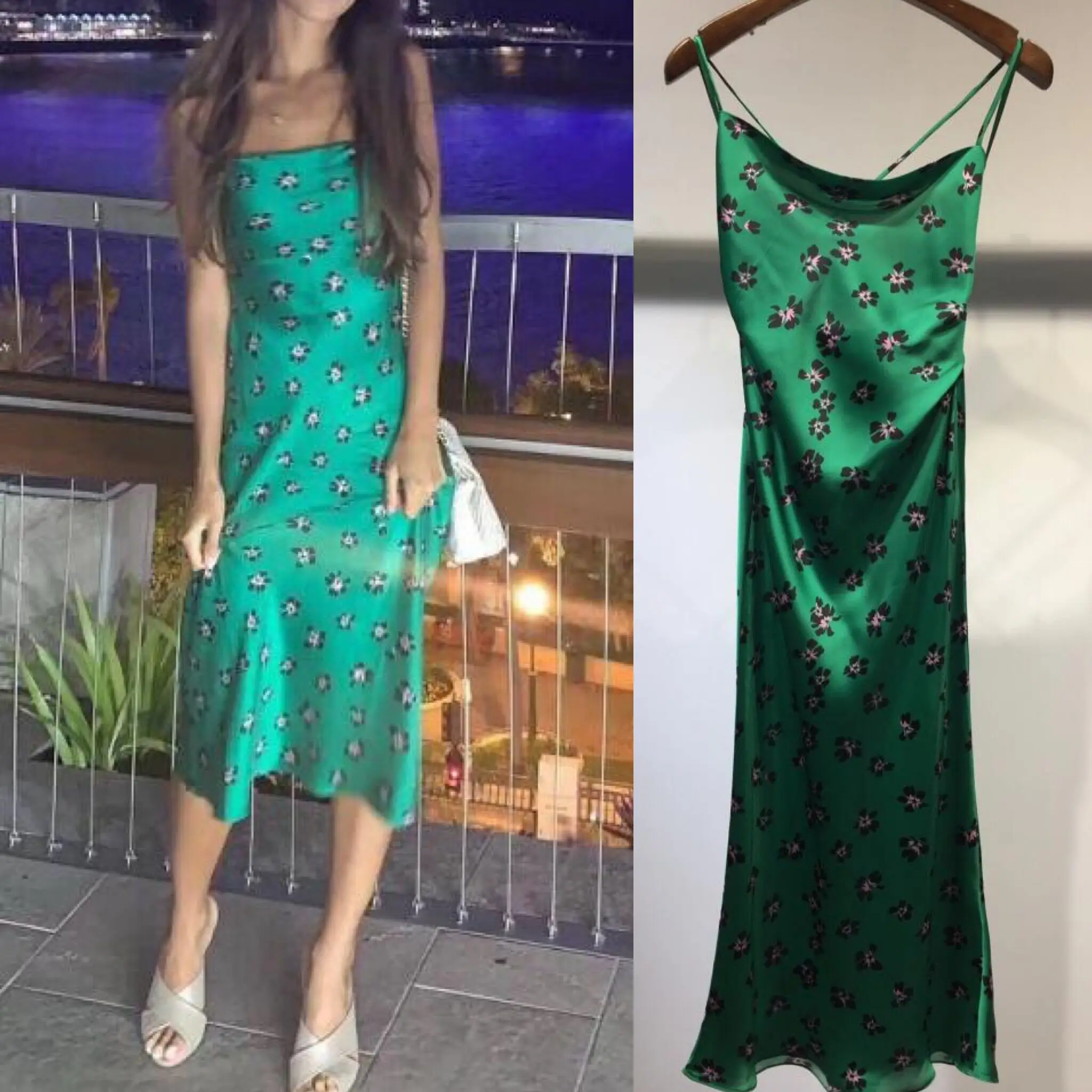 

High Quality Real Silk Green Dress Women 2019 Sexy Spaghetti Strap Summer Dress Print Sheath Hollow Out Evening Party Dress