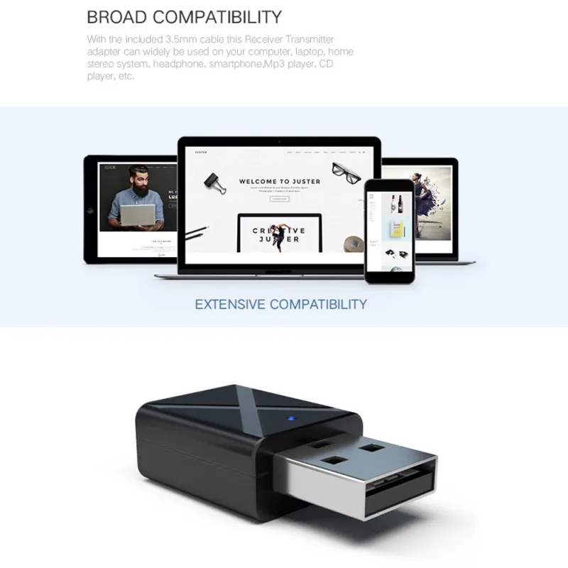 USB Bluetooth передатчик и приемник 2-в-1 Беспроводной аудио адаптер Bluetooth 5,0 приемник для ТВ автомобильного компьютера