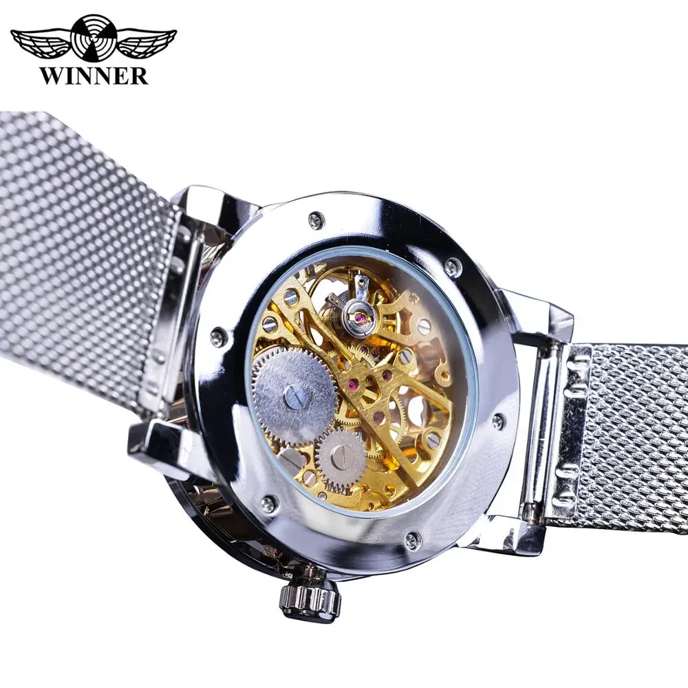Mechanical Watch Winner Casual Mechanical Watches For Men Golden Roman Fashion Stainless Steel Belt Mesh Strap Wristwatch Clock Relogio Masculino