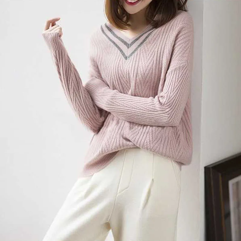 LHZSYY осенний женский кашемировый свитер с v-образным вырезом, Модный вязаный пуловер большого размера, зимний Свободный теплый женский свитер