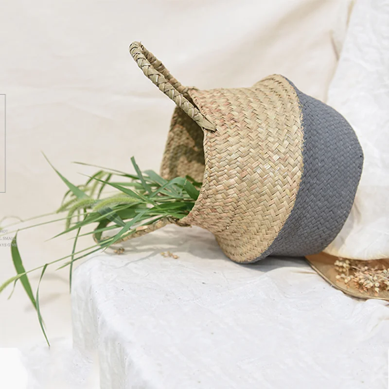 Garden Plant Flower Pot Handmade Rattan Storage Basket Foldable Seagrass Straw Hanging Woven Handle Toy Storage Container 1Pc