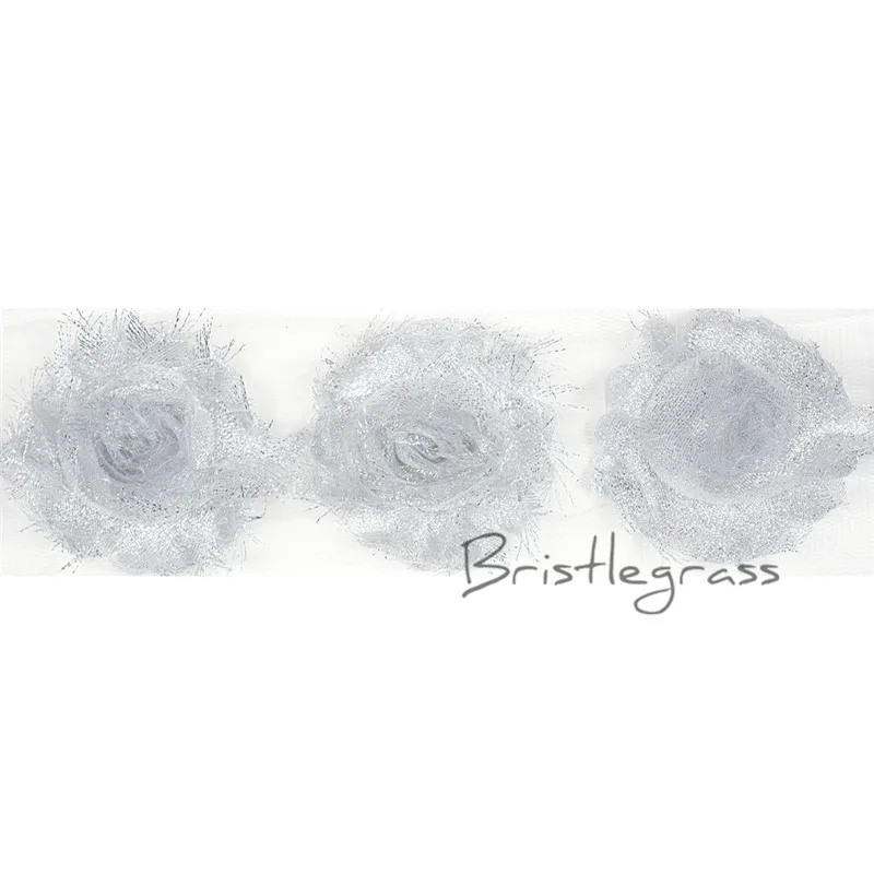 

BRISTLEGRASS 1 Yard 2.16" Glitter Silver Frayed Shabby Rose Flower Rosette Lace Trim Kids Headband Hair Tie Wedding Dress Sewing
