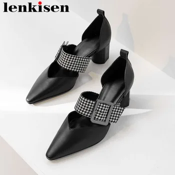 

Lenkisen mixed colors square toe slip on full grain leather popular buckle belt high heels graceful lady retro vintage pumps L02
