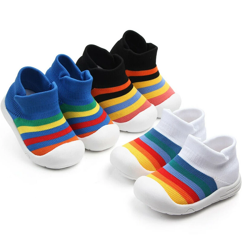 New Toddler Kids Baby Boys Girls Shoes Colorful Striped Knitted Shoes Soft Sole Anti-Slip Shoes Fashion Casual Kid Shoes