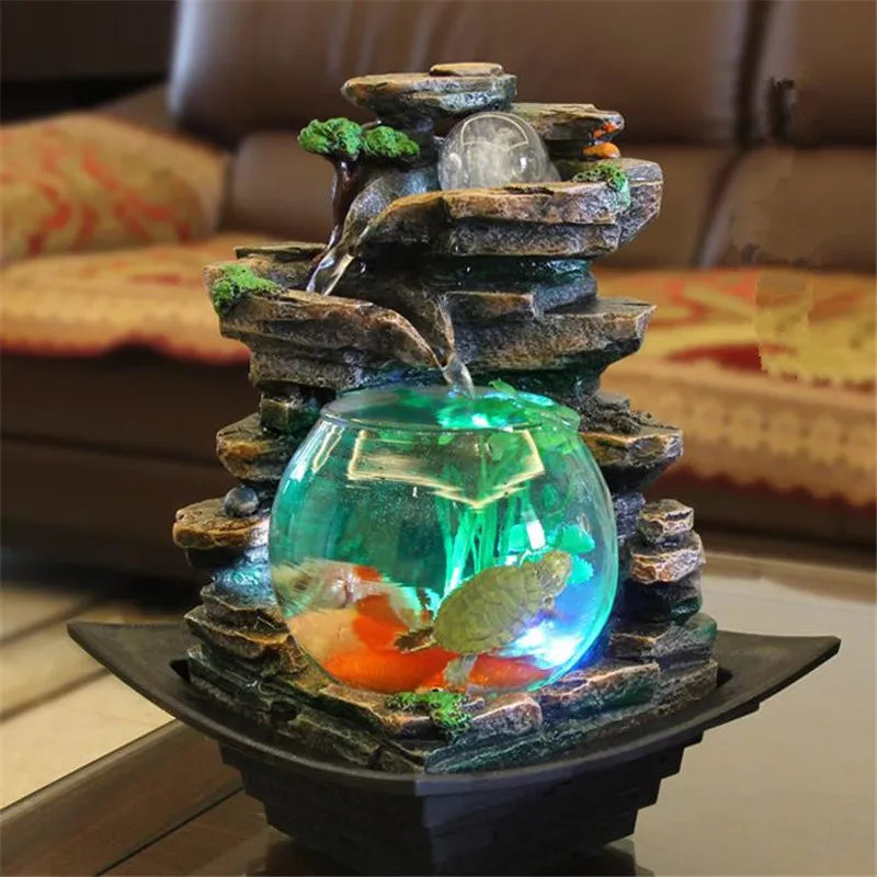 Resin Water Fountains Feng Shui Wheel Fish Tank LED Light Ball Home Office Tabletop Water Fountain Figurines Decoration