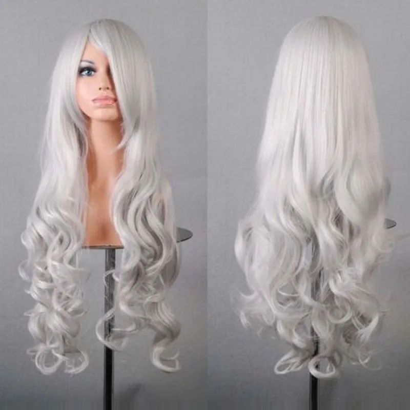 Hot Sale Synthetic Anime Slivery Gray 80cm Long Wavy High Quality Lolita Girl's Cosplay Full Wig