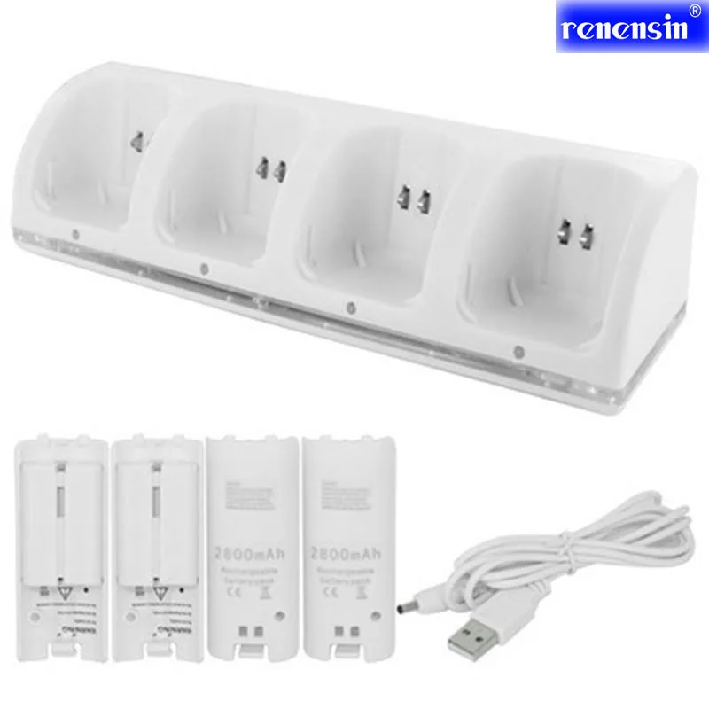 Billig Weiß 4 x Akku + Quad 4 Ladegerät Dock Station Kit für Wii Remote Joystick Controller für wii gamepad ladegerät