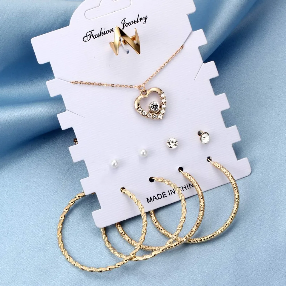 Hesiod Classic Fashion Jewelry Sets for Women Gold Heart Pendant Fairy Necklace Big Circle Hoop Earrings | Украшения и аксессуары
