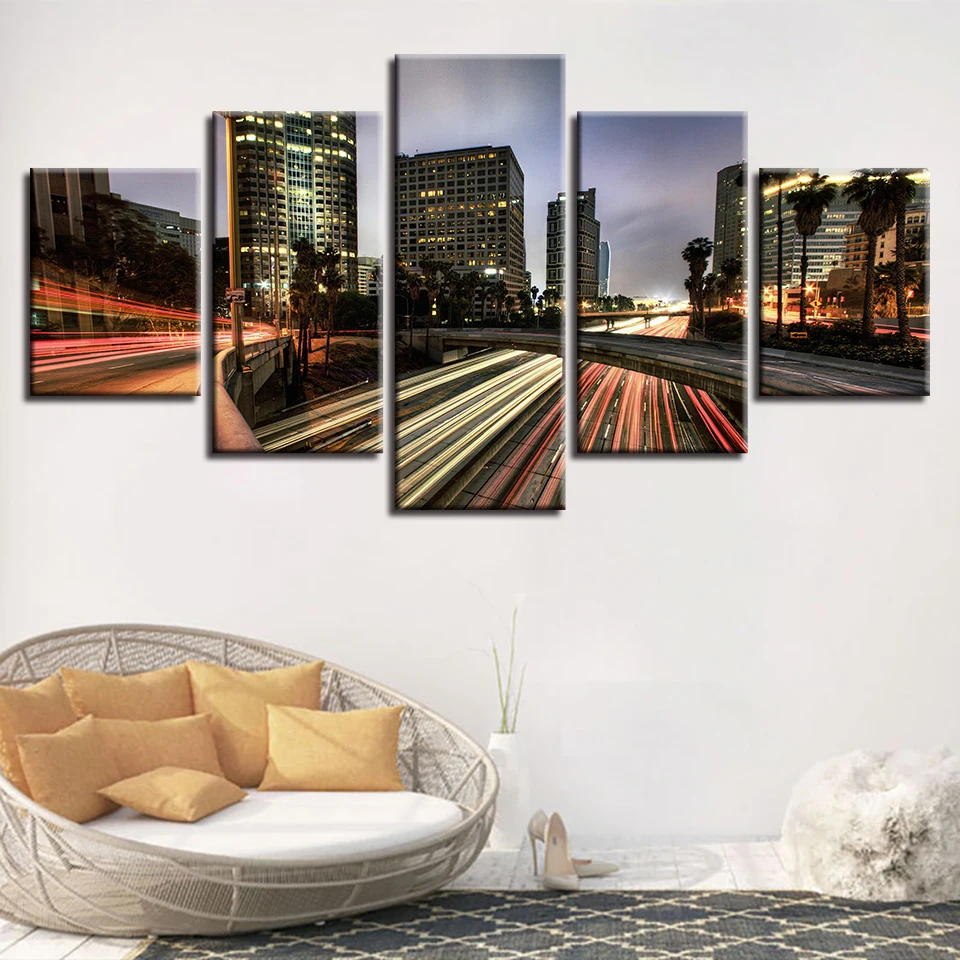 

Canvas HD Printed Modern Living Room Frame 5 Panel City Building Night View Painting Wall Art Modular Poster Home Decor Pictures