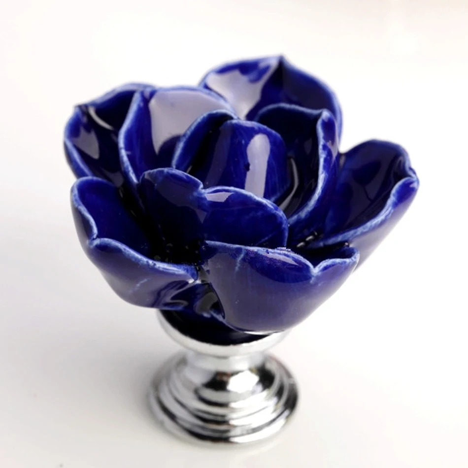 Hot Sale Blue Ceramic Rose Flower Handles Kids Cabinet Drawer