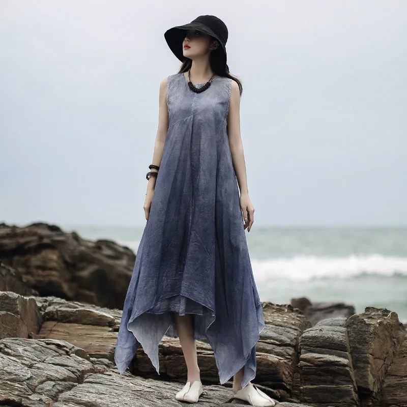 

Johnature Vintage Asymmetrical Dresses 2019 New Clothes Summer Dress Solid Color Sleeveless O-neck Ankle-length Women Dress