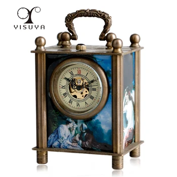 

New Exquisite European Style Antique Painted Chinese Ancient Copper Hand-carved Mechanical Clock Timer Desk Clocks Classics Gift