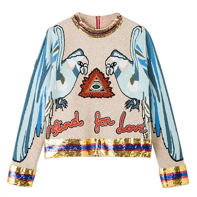 Подиумный дизайнерский шерстяной свитер с вышивкой в виде попугая и пайеток, женский свитер, лучшее качество, Зимний вязаный пуловер, винтажный джемпер - Цвет: As picture