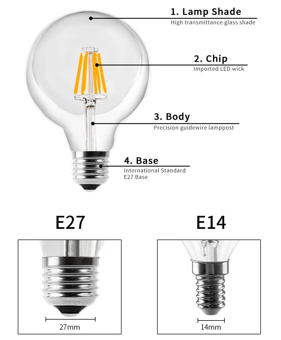 Светодиодный лампочка накаливания E27 E14, винтажная лампа Эдисона 220 В, 110 В, ретро светильник в виде свечи, глобус, ампула, светильник ing COB, домашний декор с регулируемой яркостью