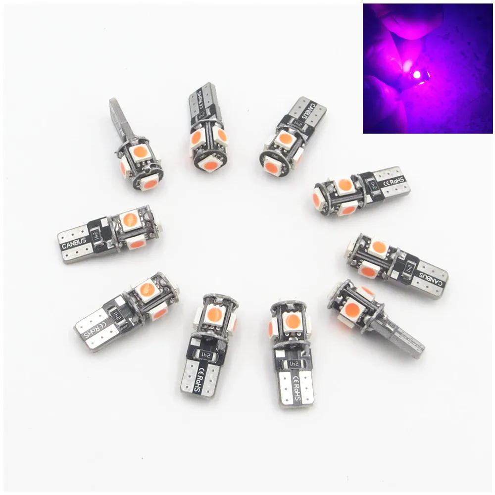 

10pcs T10 5 SMD 5050 LED Error Free Car Bulb W5W 194 Lamp Auto Rear Light Pink Purple Color Error Free