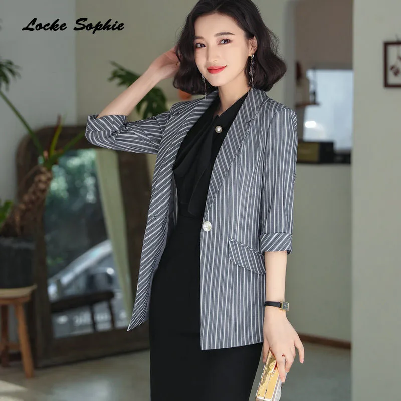 1pcs Women's Plus size Long Blazers coats 2019 Autumn Fashion cotton blend stripe Small Suits jackets ladies Skinny Blazers Suit