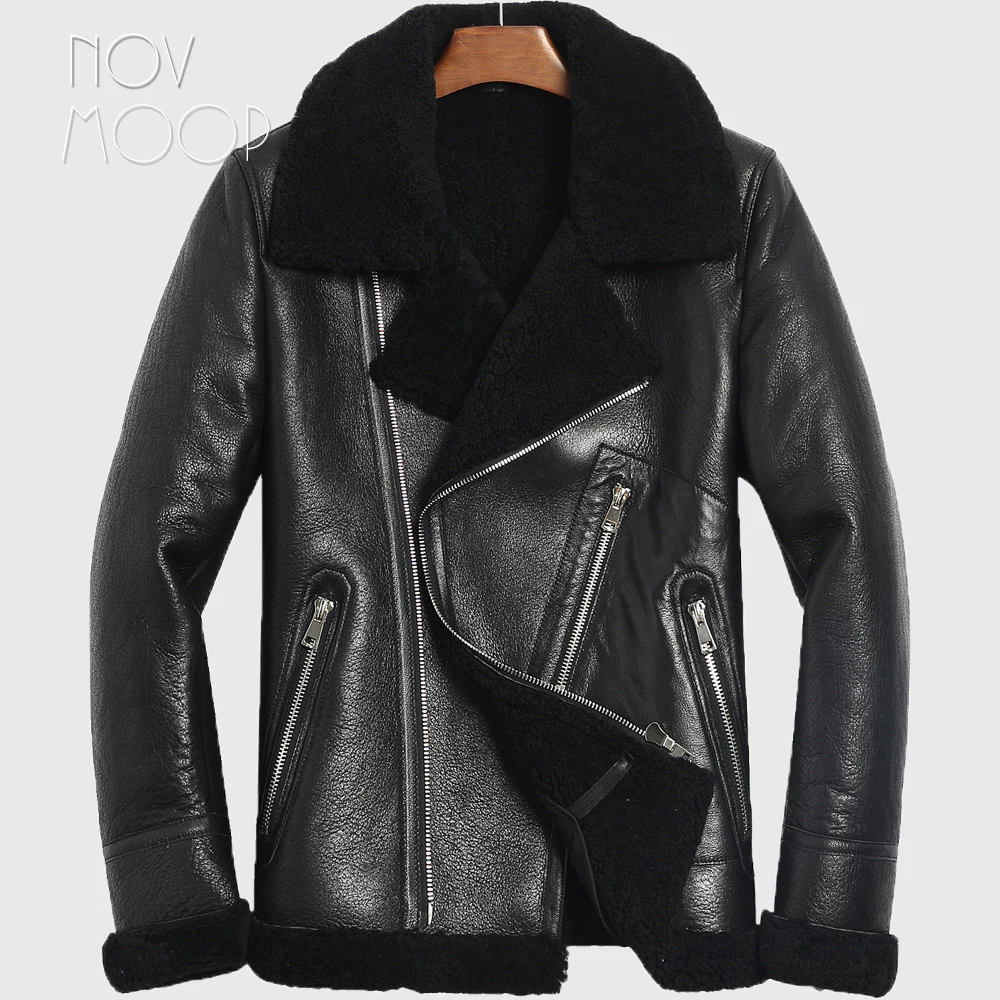 Winter warm men black genuine leather real lambskin shearling jackets