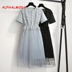 ALPHALMODA/2019 летнее женское изящное кружевное платье + длинная футболка, комплект из 2 предметов, кружевные с кушаком, милые женские платья из 2