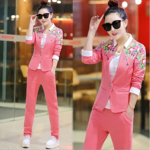 

Two Pieces Set Slim Jacket and Trouser Spring Autumn Womens Elegant Pants Suit for Women Floral Print Pantsuit Plus Size 4xl 5XL