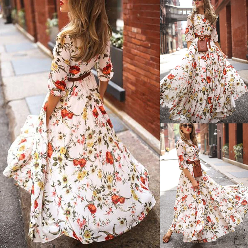 

Womens Dress Party Long Floral Printed Cocktail 3/4 Sleeve Vintage Stylish Holiday