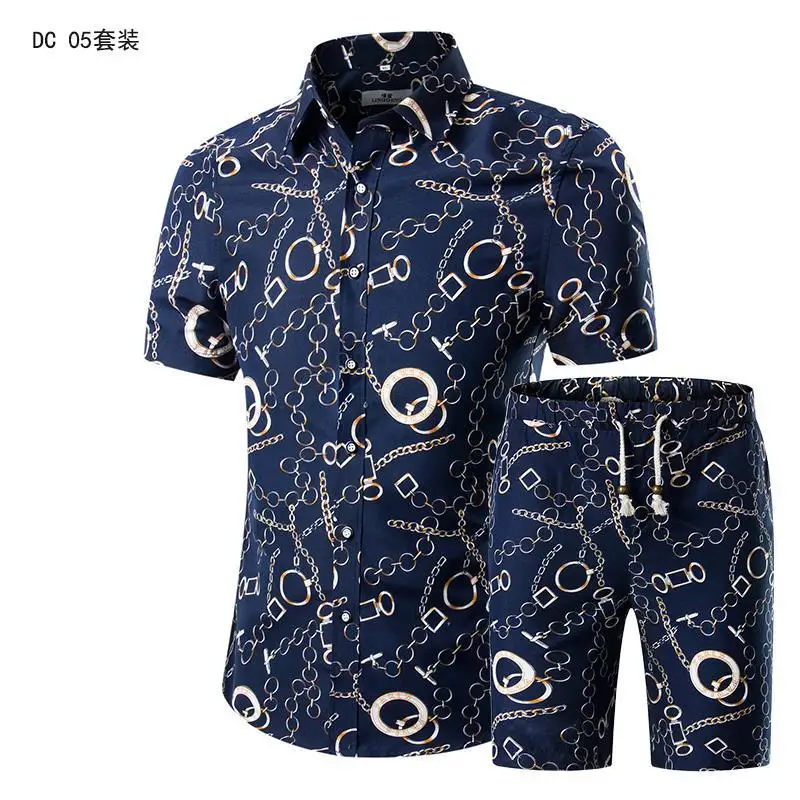 New Fashion Men Shirts+Shorts Set Summer Casual Printed Shirt Vintage Men Hip Hop Flower Sets Male Casual Clothes DC09