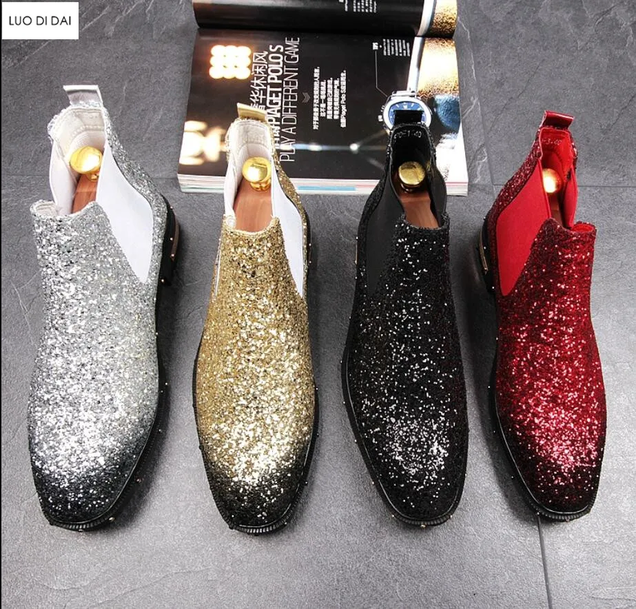 2018 new fashion men glitter boots slip on western boots male sequin ankle booties thick heel