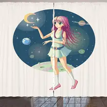 Аниме шторы иллюстрация девушки на фоне пространства с звезды и луна возле ее руки гостиная спальня окна