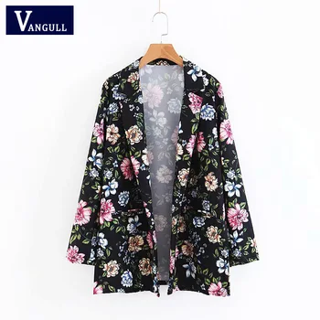 

Vangull Autumn Women Floral Vintage Blazers 2018 Casual Runway Long Sleeves Pockets Female Jackets Ladies Notched Collar Outwear