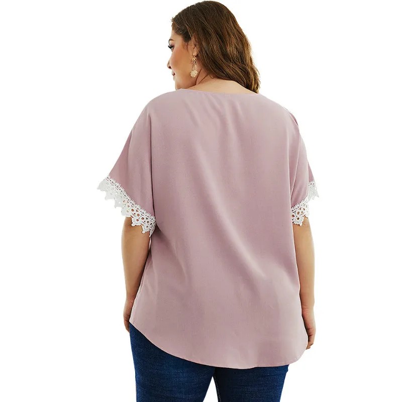 KM STYLISH Lace Hollow Out Women Blouse Pink Shirts Big Size Female Loose Tops Oversize Femme Blusas Buttons Mujer Autumn A059