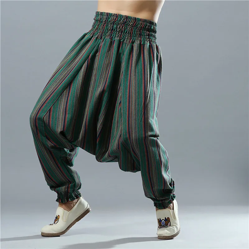 

LZJN Nepal Style Cross Pants Striped Men Trousers Cotton Linen Crotch Pants Bottoms Joggers Pantalon Homme Broek Mannen MF-46