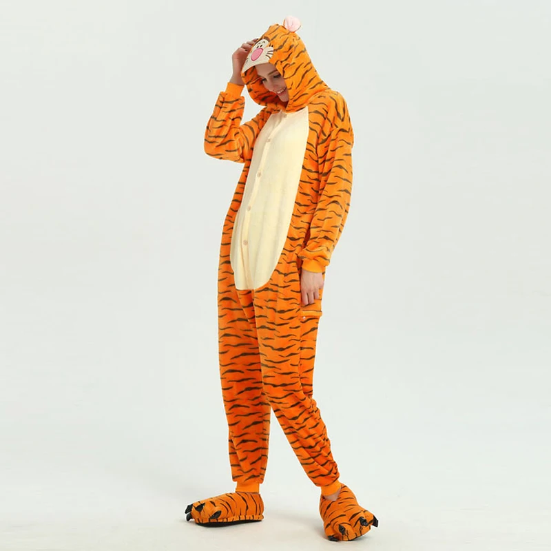 Funny Orange Tiger Animal Kigurumi Flannel Onesie For Women Pajamas Party Bodysuit Cosplay Unisex Sleepwear Halloween Pyjamas (3)