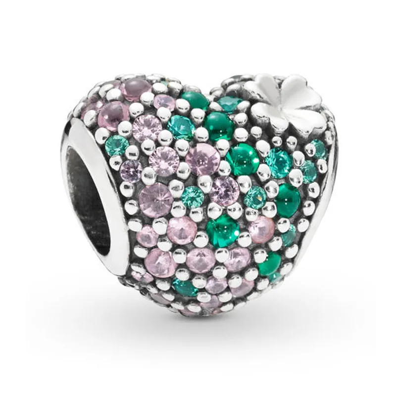 

2019 Spring New 925 Silver Bead Gleaming Lucky Four Leaf Clover Heart Charm Fit Original Pandora Bracelet Women DIY Jewelry Gift