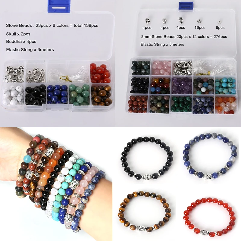 

New Fashion 8MM DIY Round Natural Stone Beads Including Buddha&Skull beads&Elastic String Jewelry Kit For Bracelet Making