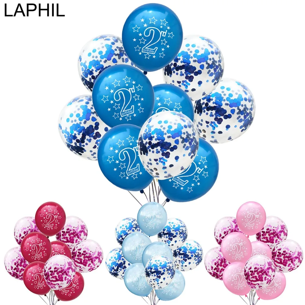 

LAPHIL 2nd Birthday Balloon 10pcs Blue Pink Latex Confetti Balloons Boy Girl Happy 2nd Birthday Party Decoration Baby 2 Year