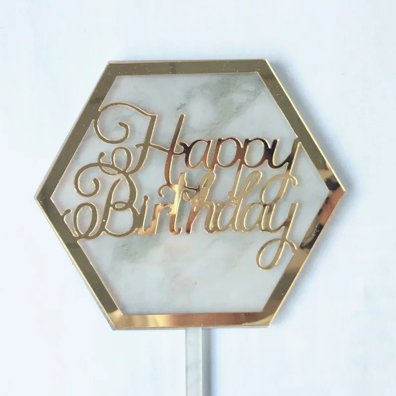 New INS Marble Acrylic Cake Topper Hexagon Gold Happy Birthday Cake Topper For Kids Birthday Party Cake Decorations Baby Shower