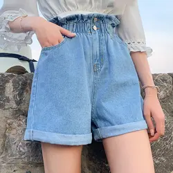 Летние женские широкие шорты женские с высокой талией джинсовые шорты корейские с эластичной талией свободные короткие джинсы Feminino